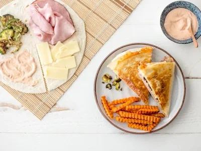 Crispy Ham Broccoli Cheddar Tortilla Wraps with Sweet Potato