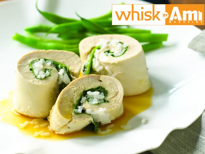 Steamed Chicken Rolls with Wild Mushroom Filling and Soy Ginger Sauce