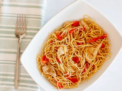 Microwave Angel Hair with Grilled Chicken Tomato Basil