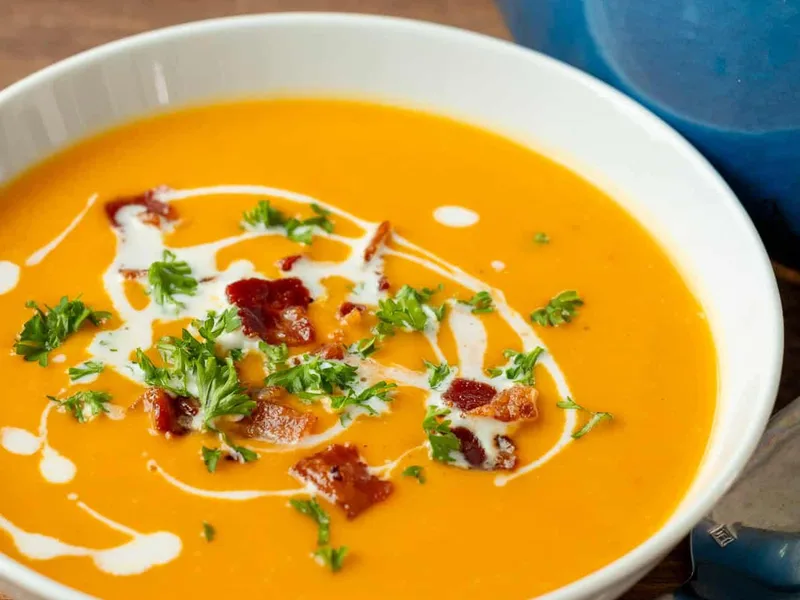 Creamy Coconut Sweet Potato Soup with Crispy Bacon