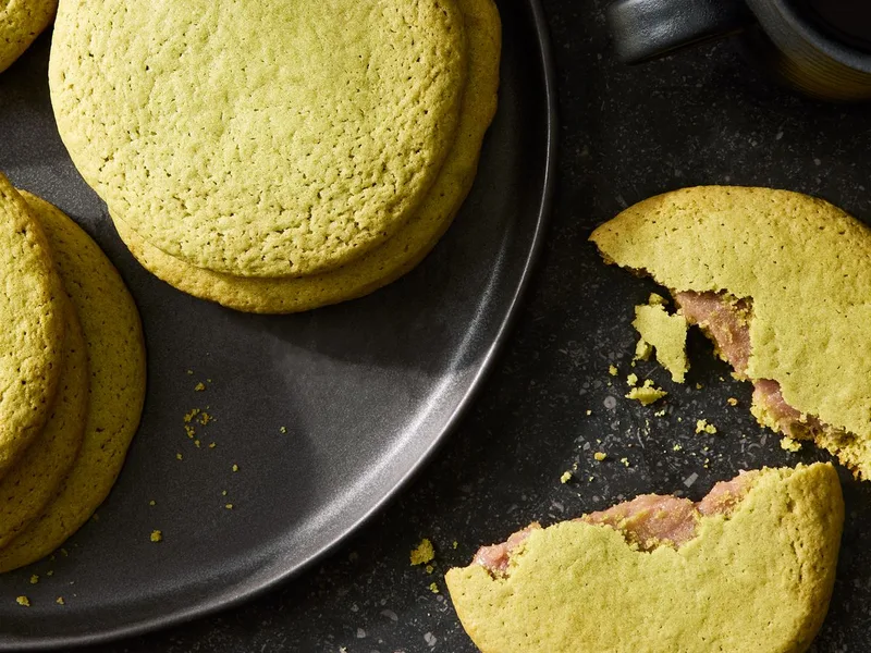 Matcha Cookies with Raspberry Mochi Filling