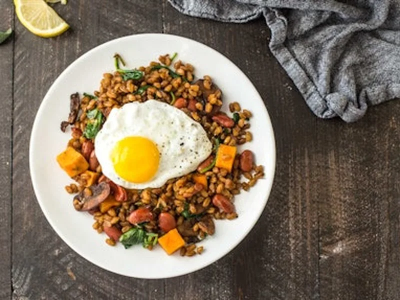 Balsamic Farro Sauté with Sweet Potatoes and Pancetta