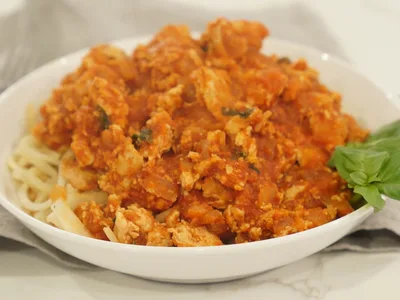 Ground Chicken Bolognese with Spiralized Kohlrabi Noodles