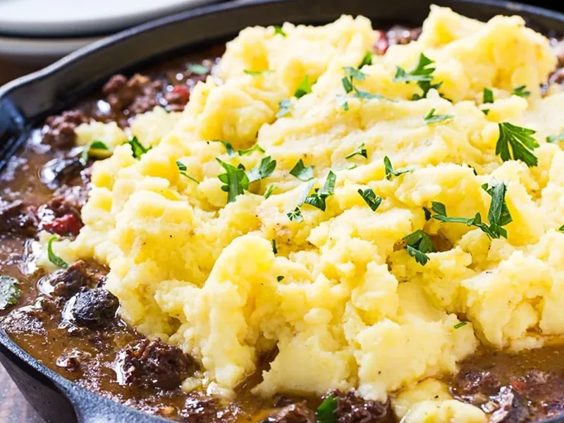 Hamburger Steak Skillet Casserole with Mashed Potato Topping