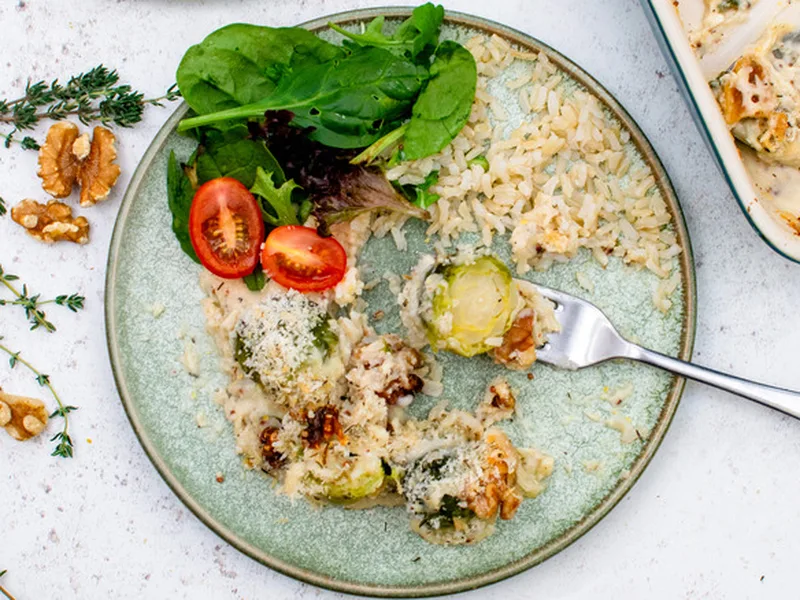 Brussels Sprouts Gratin with Walnut Crumble and Cheddar Cheese