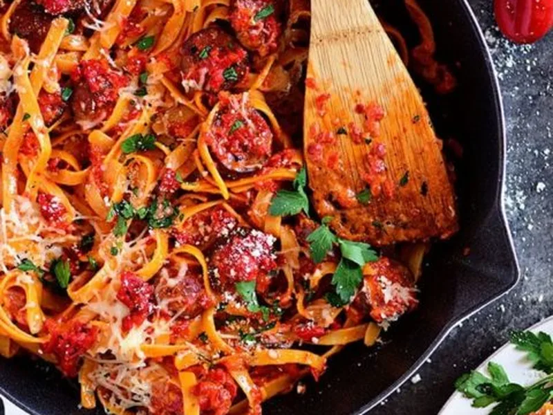 Roasted Red Pepper Fettuccine with Smoked Sausage
