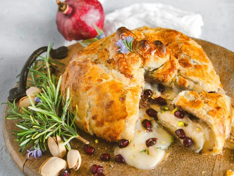 Pomegranate Brie en Croute with Pistachios