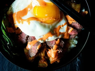 Grilled Steak Bibimbap Bowls with Runny Egg