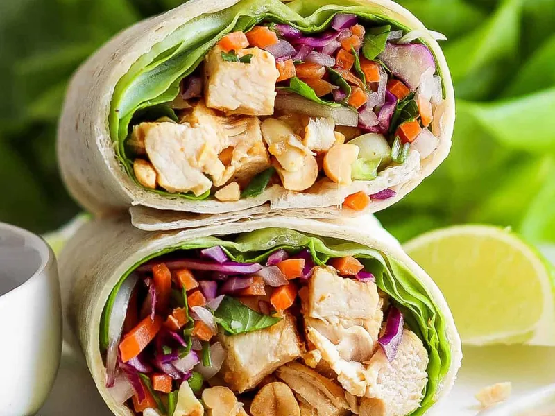 Asian Peanut Chicken Wraps with Sriracha Sauce