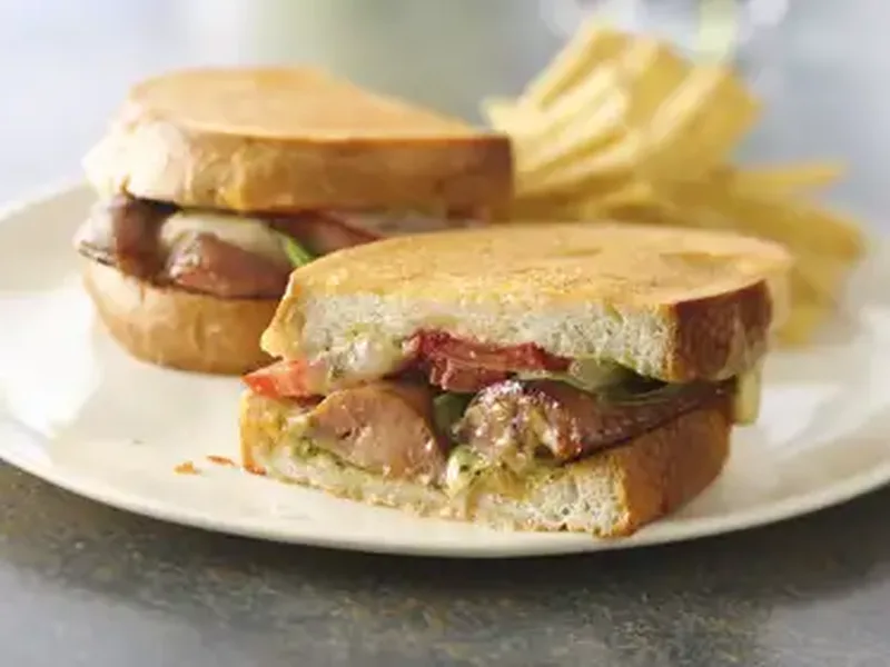 Toasted Pesto Chicken Sausage Sandwiches with Provolone