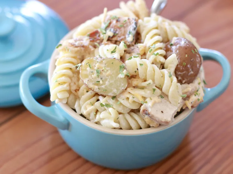 Chicken Bacon Ranch Pasta Salad with Crispy Onions