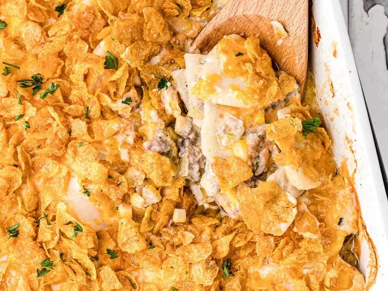 Ground Beef Potato Casserole with Cornflake Topping