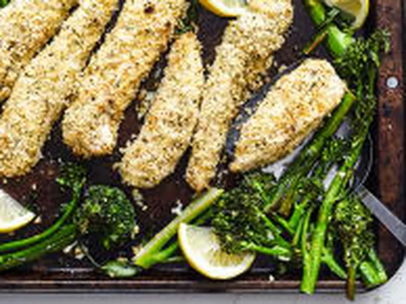 Crispy Breaded Chicken Tenders with Lemon Garlic Broccolini