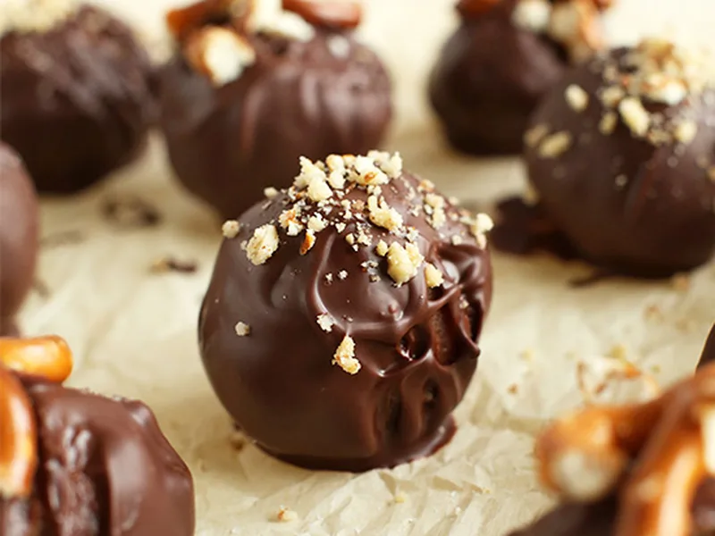 Peanut Butter Pretzel Truffles with Dark Chocolate Coating