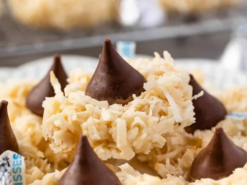 Coconut Macaroon Blossom Cookies with Chocolate Kisses