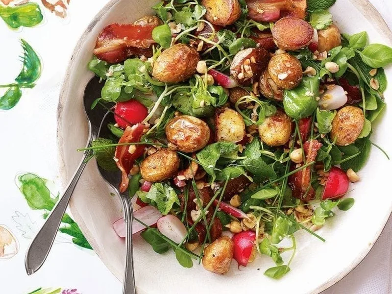 Roast Jersey Royal Salad with Bacon and Brown Butter