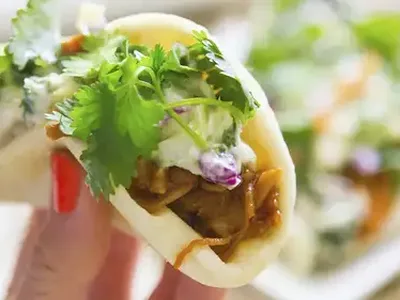 Banh Mi-Style Beef Tacos with Biscuit Shells and Asian Slaw