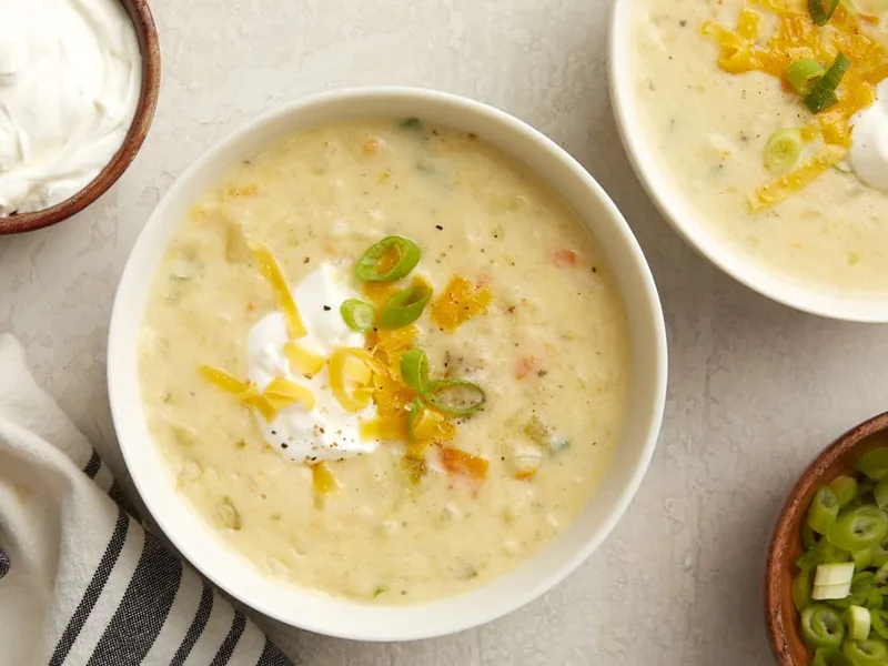 Slow Cooker Potato Soup with Cheddar and Sour Cream