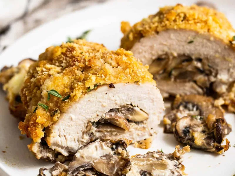 Crispy Mushroom and Cream Cheese Stuffed Pork Chops