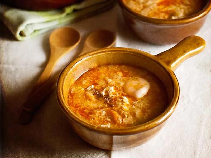 Spanish Garlic Soup Shots with Chorizo and Quail Eggs