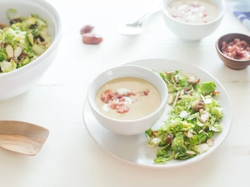 Creamy Potato Leek Soup with Crispy Pancetta and Brussels Sprouts