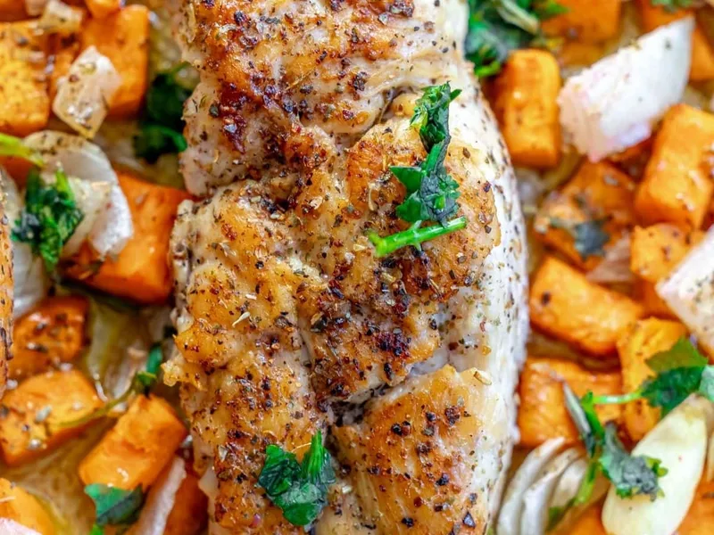 Garlic Butter Baked Turkey Tenderloin with Sweet Potatoes