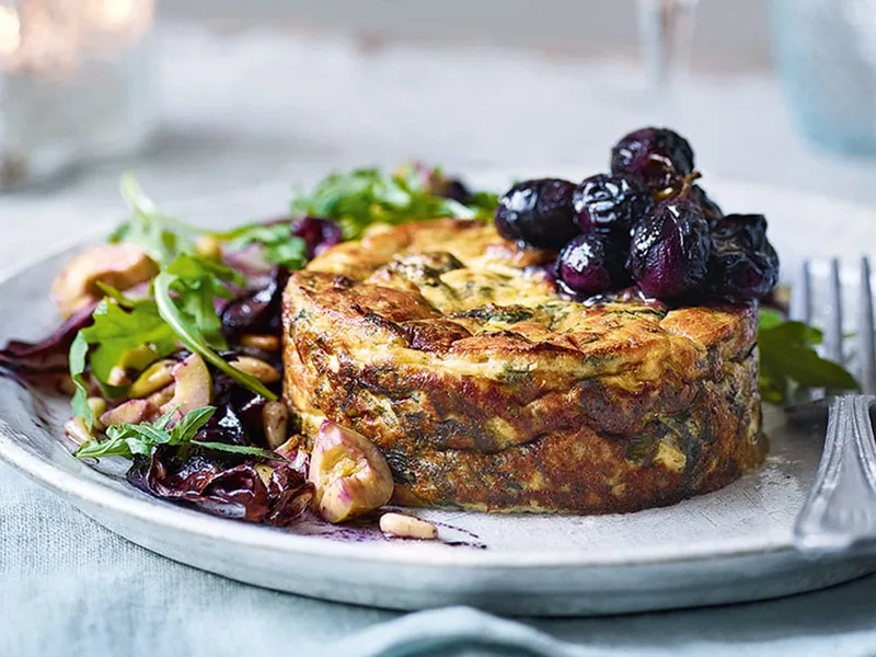 Baked Spinach Sformato with Roast Grapes and Olives