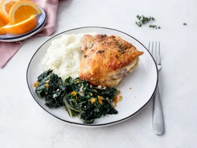 Oven Roasted Chicken Thighs with Spiced Chard and Cauliflower Mash