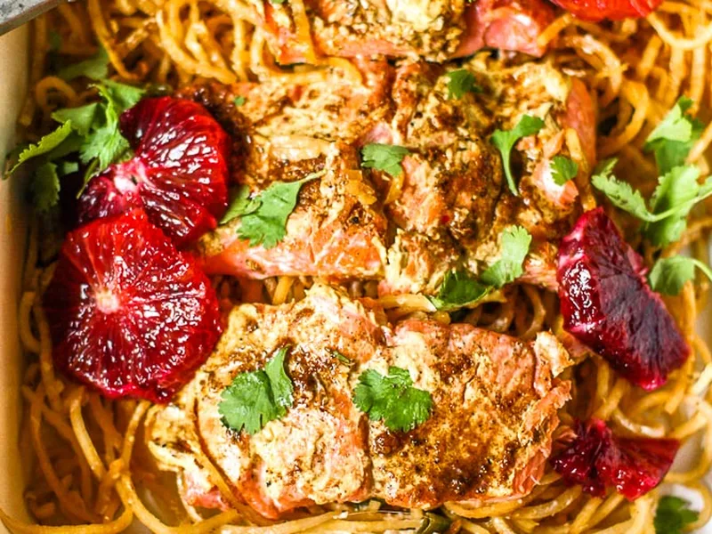 Blood Orange Salmon with Spiralized Turnip Noodles