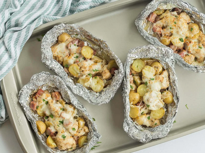 Grilled Chicken Cordon Bleu Foil Packets with Potatoes