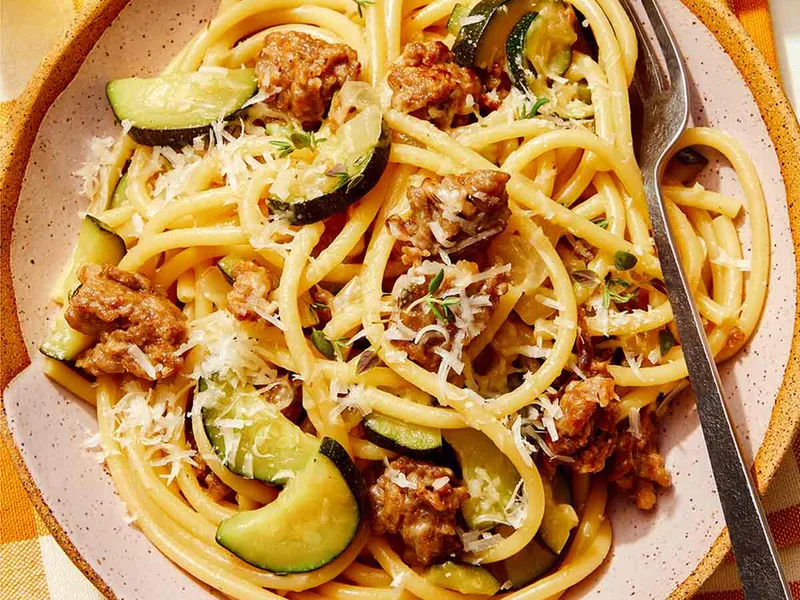 One Pot Sausage and Zucchini Bucatini with Parmesan