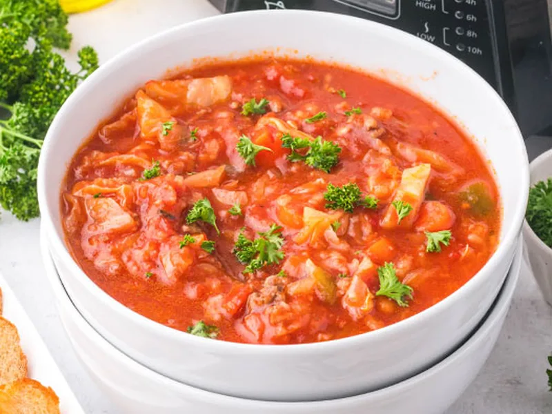 Slow Cooker Cabbage Roll Soup with Ground Beef and Rice