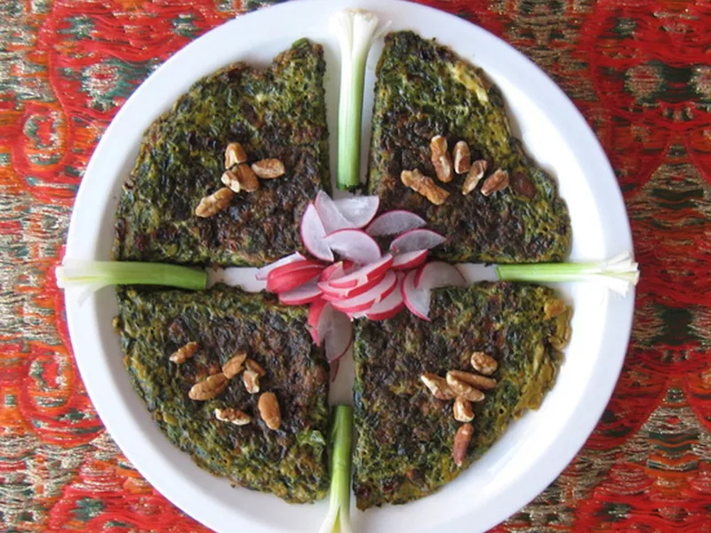 Pan-Fried Herb Kookoo with Barberries and Walnuts