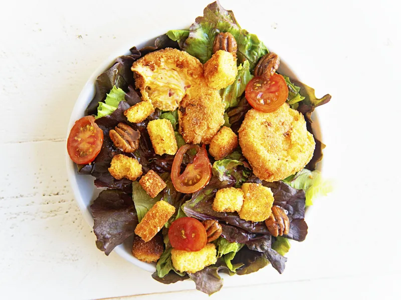 Fried Pimento Cheese Salad with Spiced Pecans and Cornbread