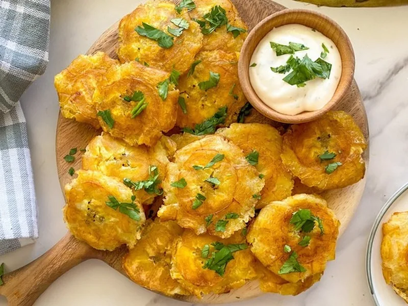 Crispy Twice-Fried Plantain Tostones with Garlic Aioli