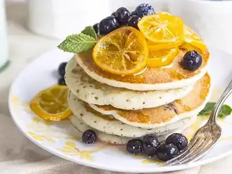 Greek Yogurt Blueberry Pancakes with Meyer Lemon Syrup