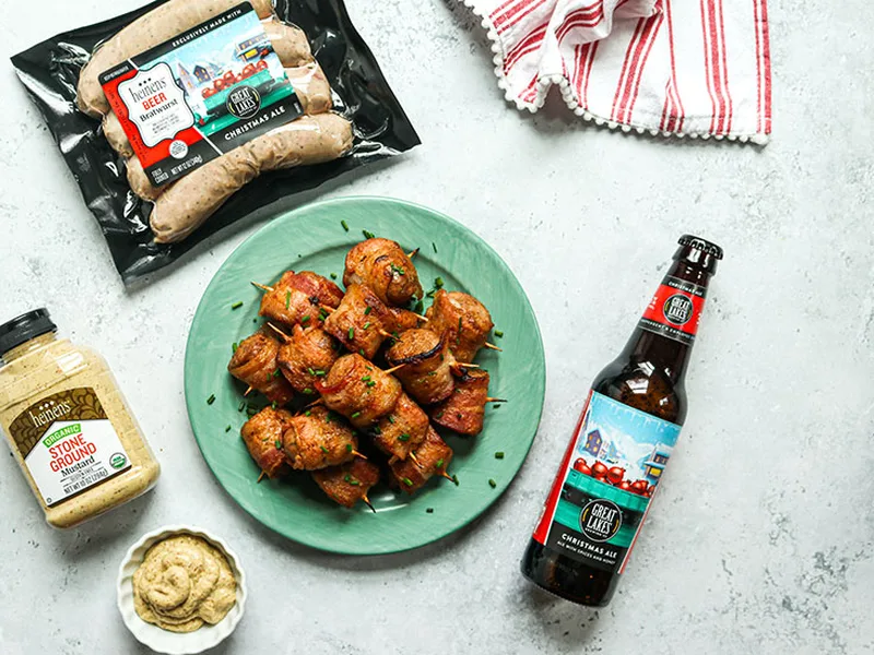 Christmas Ale Bacon-Wrapped Beer Brat Bites with Spiced Glaze