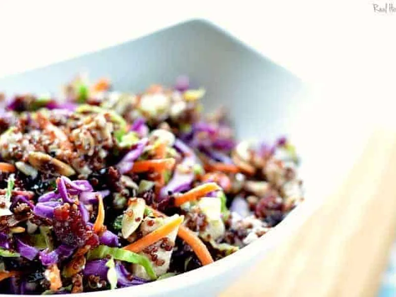 Red Quinoa Chicken Stir Fry with Brussels Sprouts and Feta