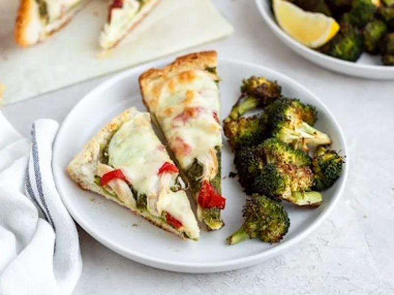 Roasted Broccoli French Bread Pizza with Pesto and Chicken
