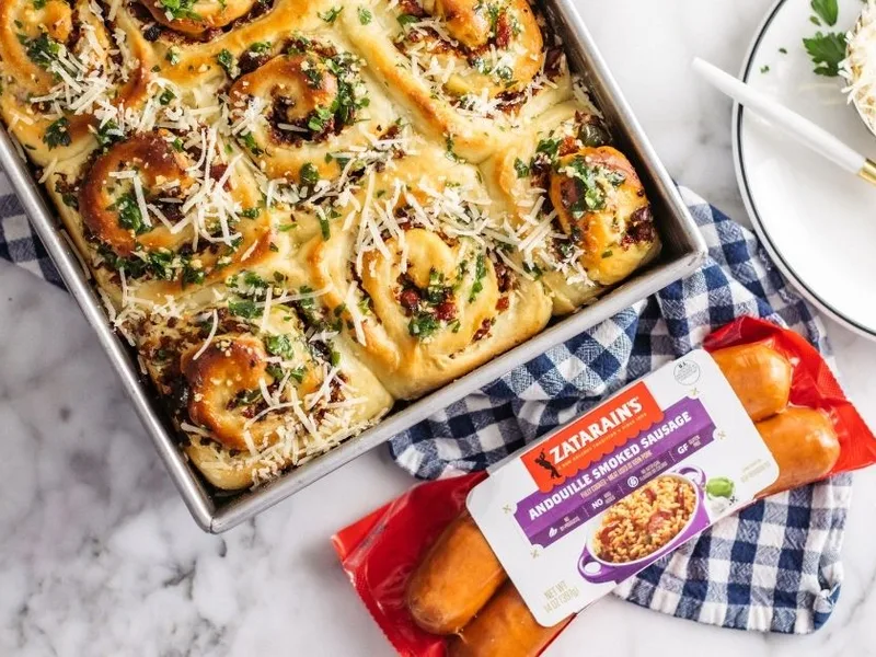 Andouille Sausage Potato Rolls with Garlic Butter