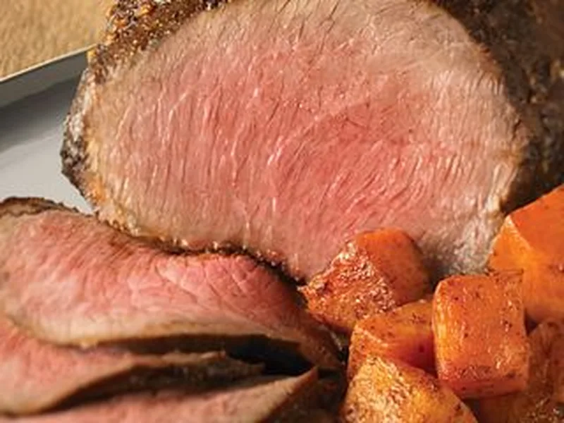 Ancho Chili-Rubbed Beef Sirloin Tip Roast with Sweet Potatoes