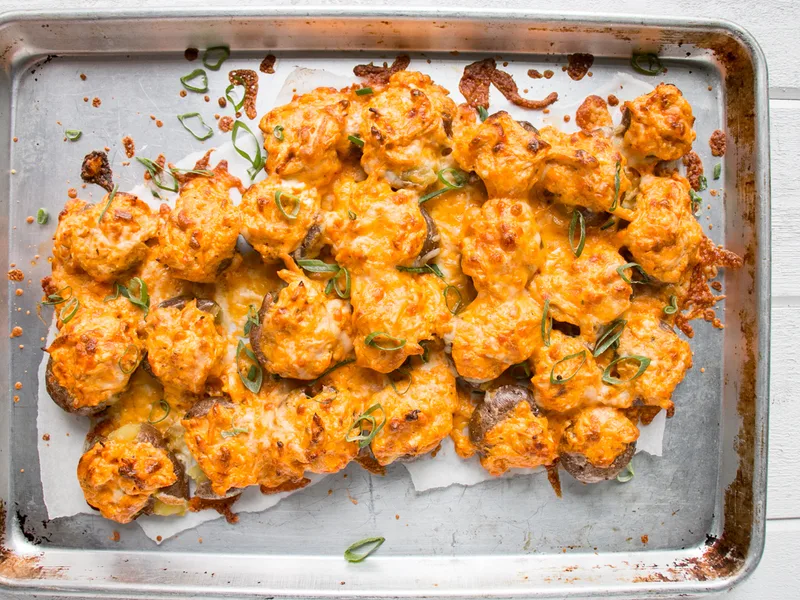 Buffalo Chicken Smashed Potatoes with Ranch and Hot Sauce