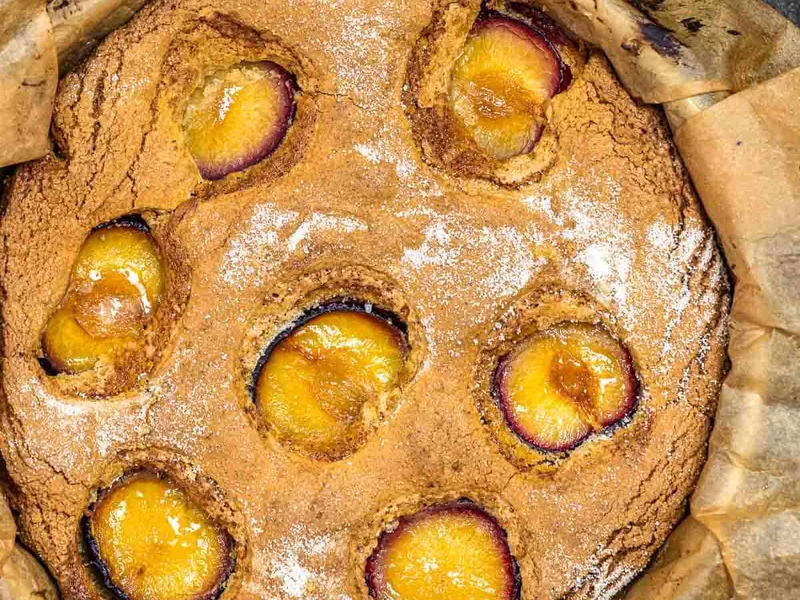Fresh Plum Cake with Pistachios and Turbinado Sugar