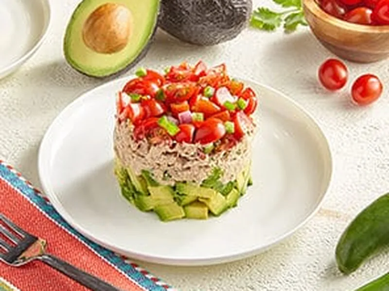 Layered Avocado Tuna Tomato Stack with Lime and Cilantro
