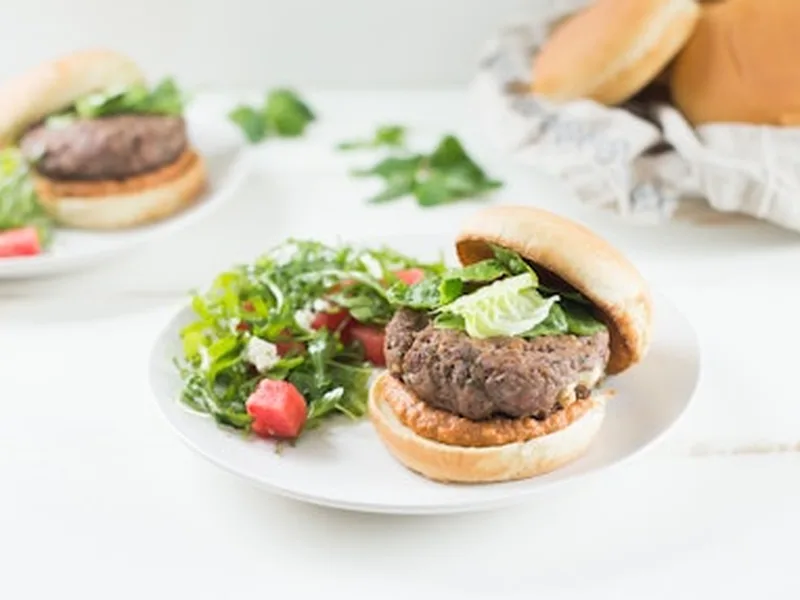 Lentil and Feta Burgers with Eggplant Red Pepper Pesto