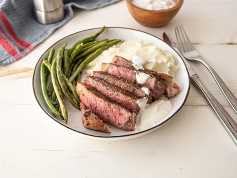 Seared Steak with Horseradish Sauce and Roasted Green Beans