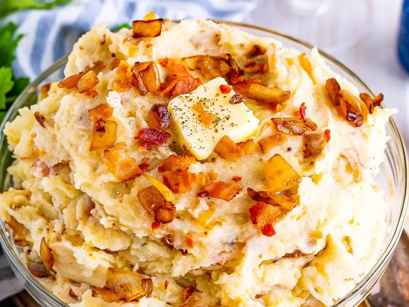Bacon Horseradish Mashed Potatoes with Caramelized Onions