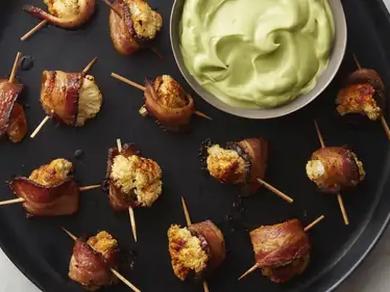 Bacon-Wrapped Cauliflower with Avocado Dipping Sauce