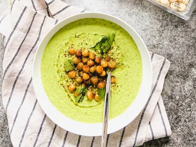 Chilled Green Gazpacho with Roasted Zaatar Gnocchi Croutons