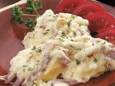 Cheesy Polenta and Ham Gratin with Swiss and Parmesan